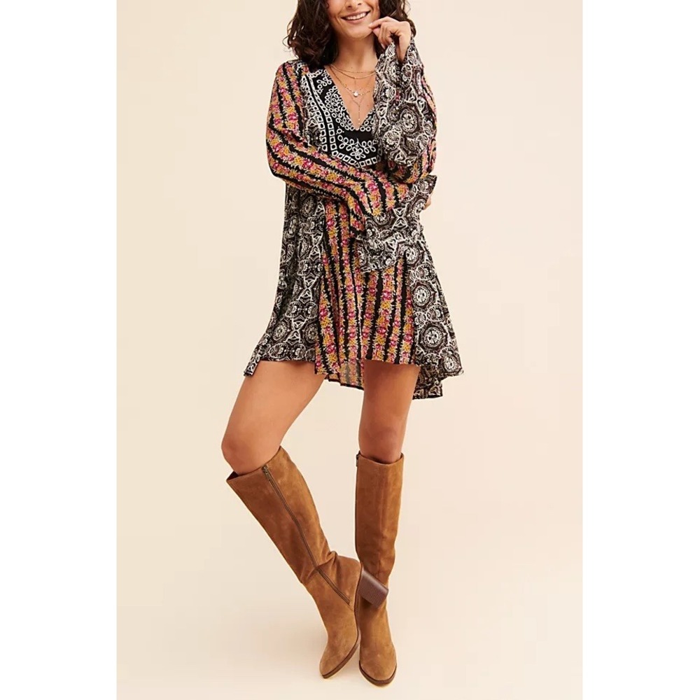 Free People Black Mixed-Print Long-Sleeve Mini Dress with Pink & Yellow Accents